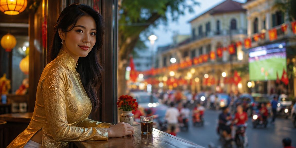 Người dùng tại Hà Nội theo dõi kèo bóng đá trên điện thoại với trang phục áo dài truyền thống